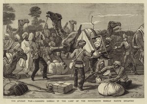 A Guerra do Afeganistão, carregando camelos no Acampamento da Infantaria Nativa do 19º Bombaim